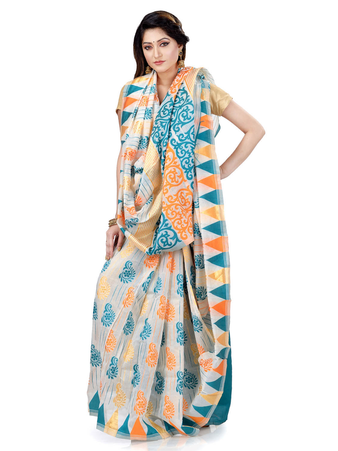 Women`s Handloom Soft Resham Dhakai jamdani Bengal Cotton Silk Tant Saree Whole Body Kolka Design with Blouse Pcs (Deep Blue Orange)